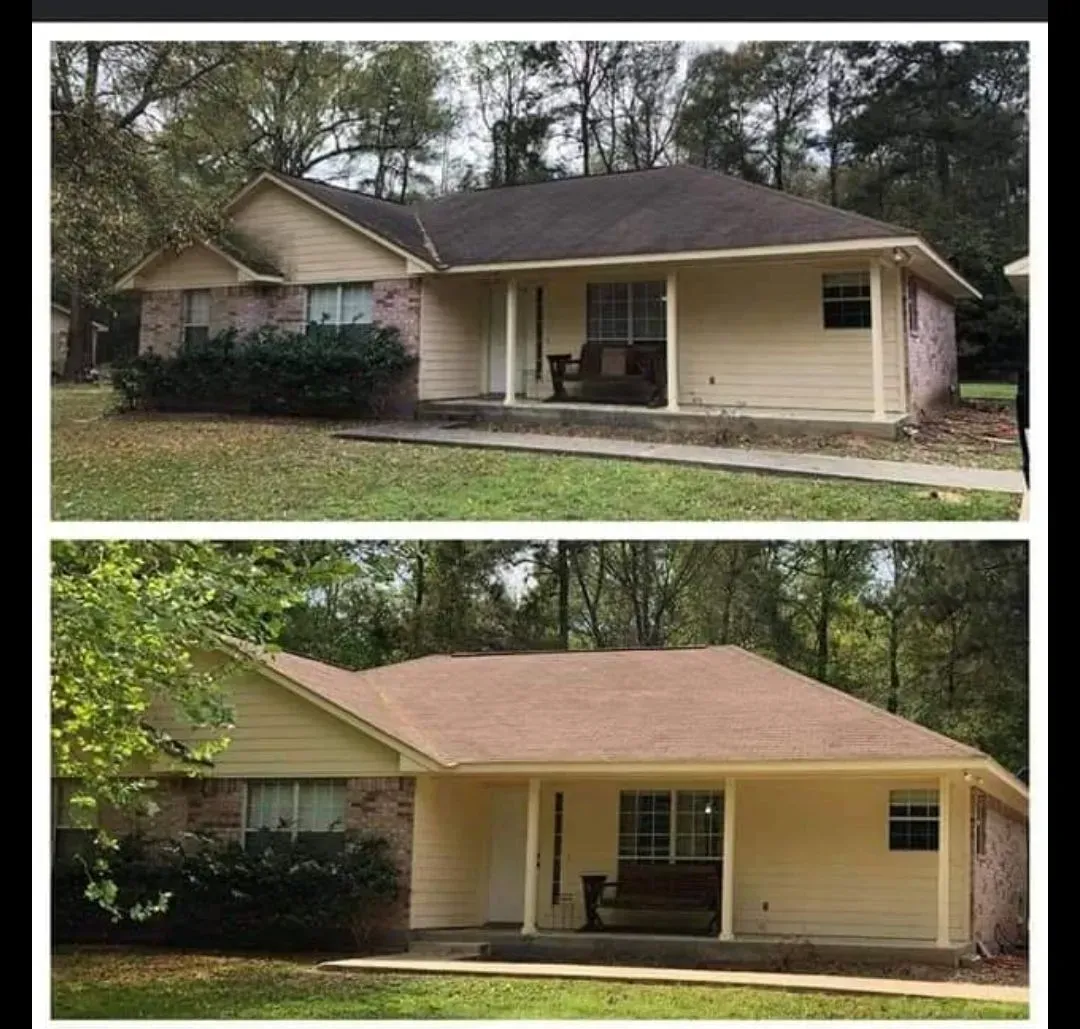 A before and after picture of a house with a porch.