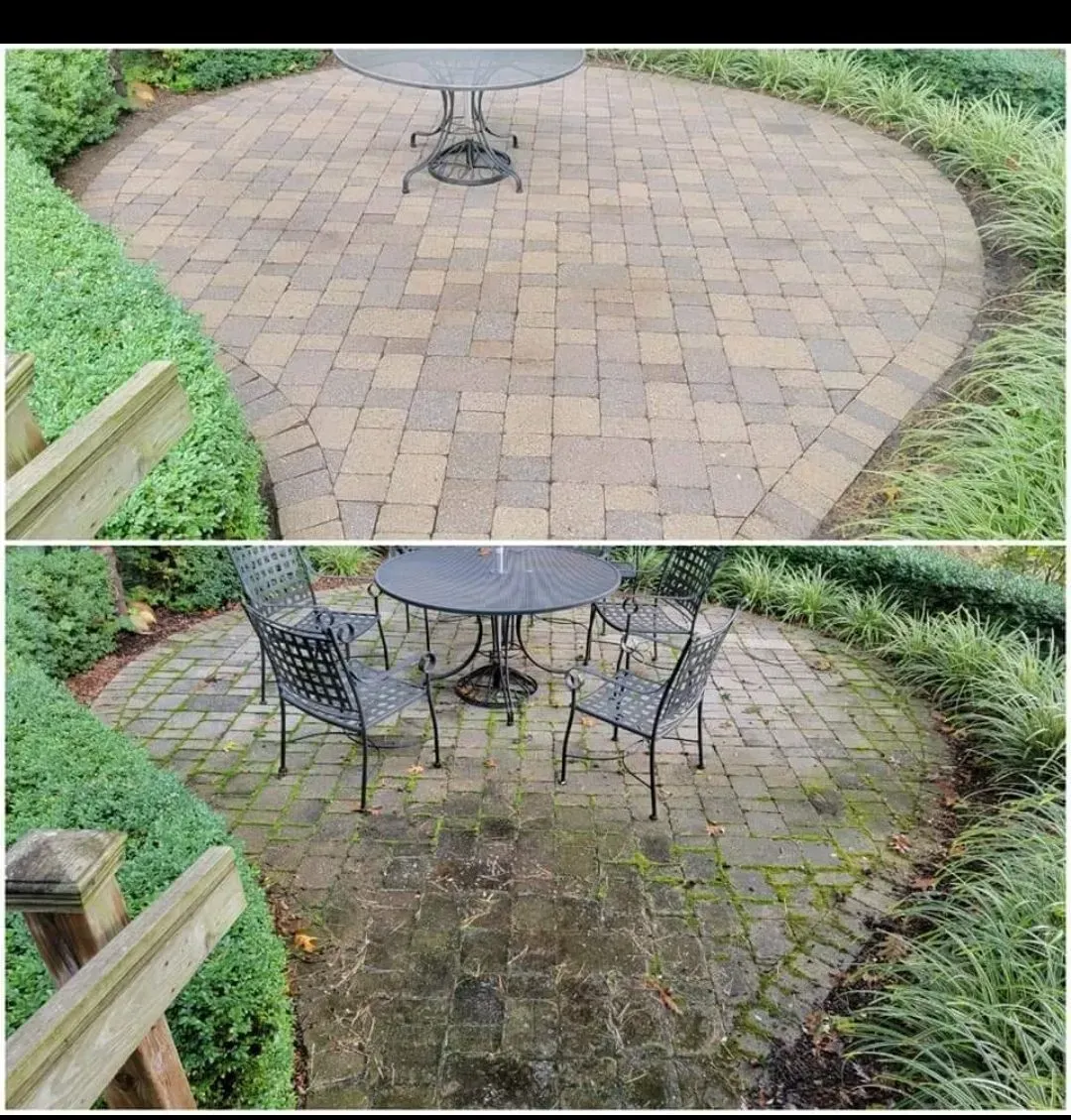 A before and after picture of a patio with a table and chairs.