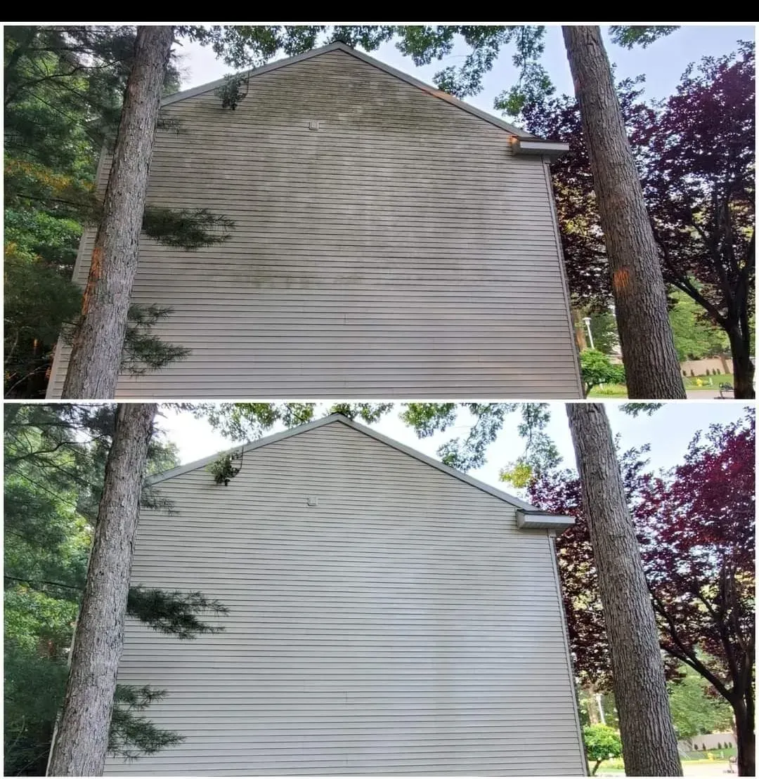 A before and after picture of a house with trees in the background.
