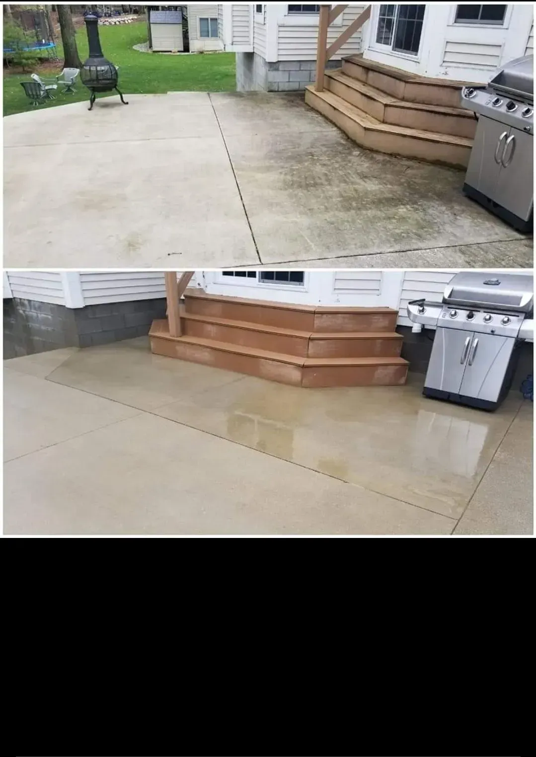 A before and after picture of a concrete patio with wooden steps and a grill.