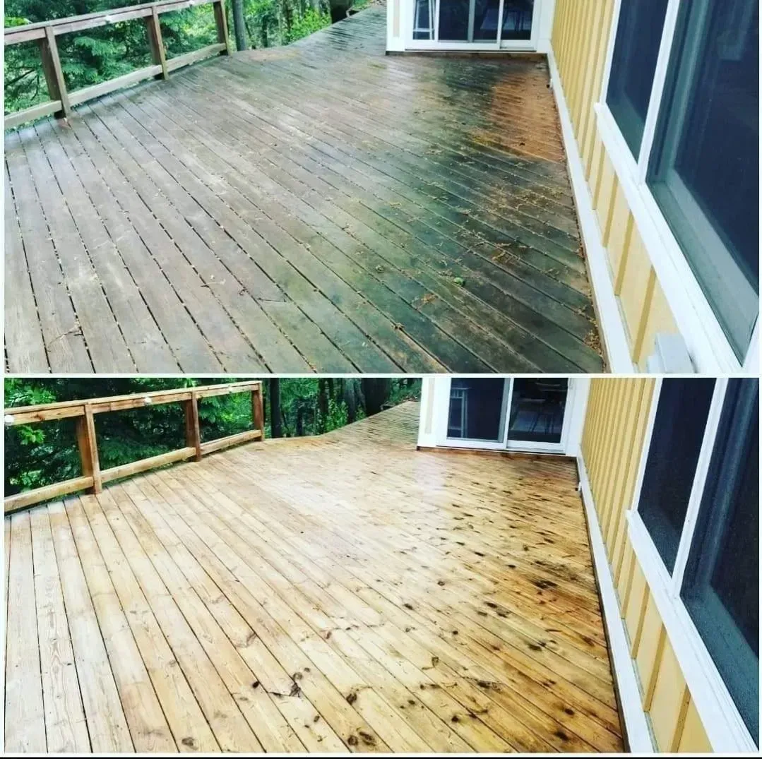 A before and after picture of a wooden deck