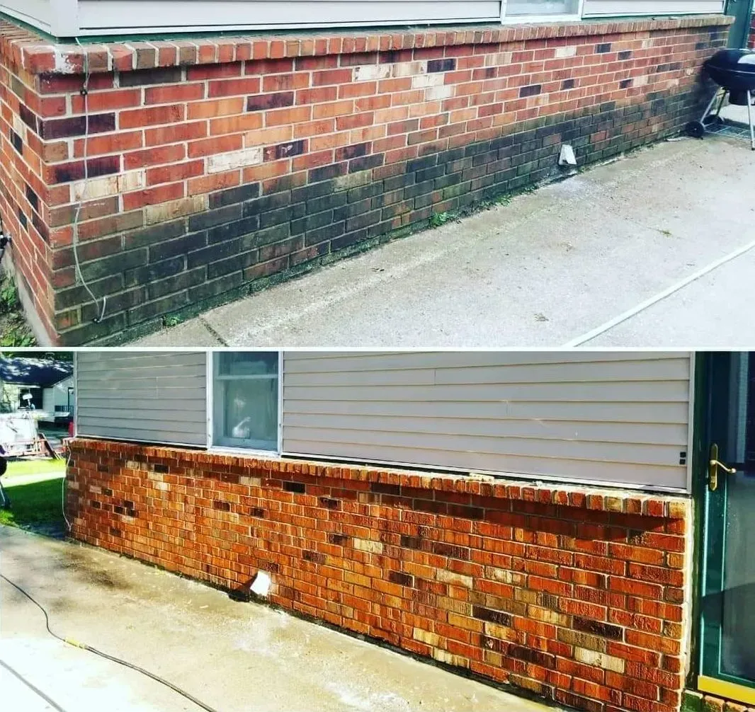 A before and after picture of a brick wall being cleaned.