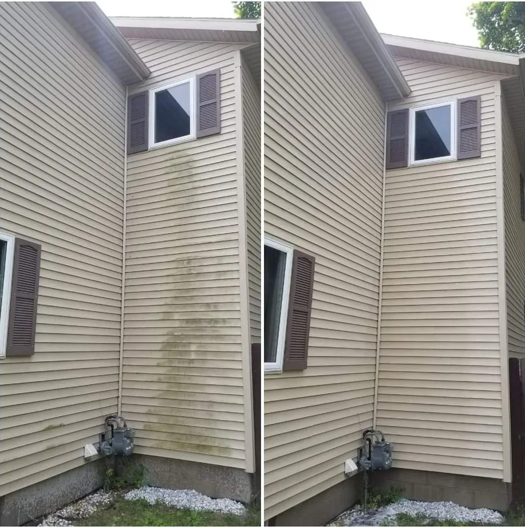 A before and after picture of a house with a dirty side and a clean side.