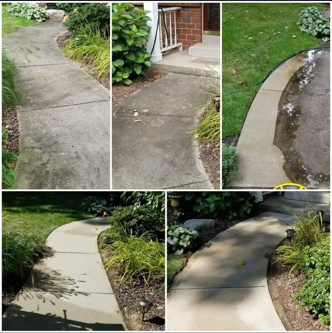 A collage of pictures of a sidewalk before and after being cleaned.