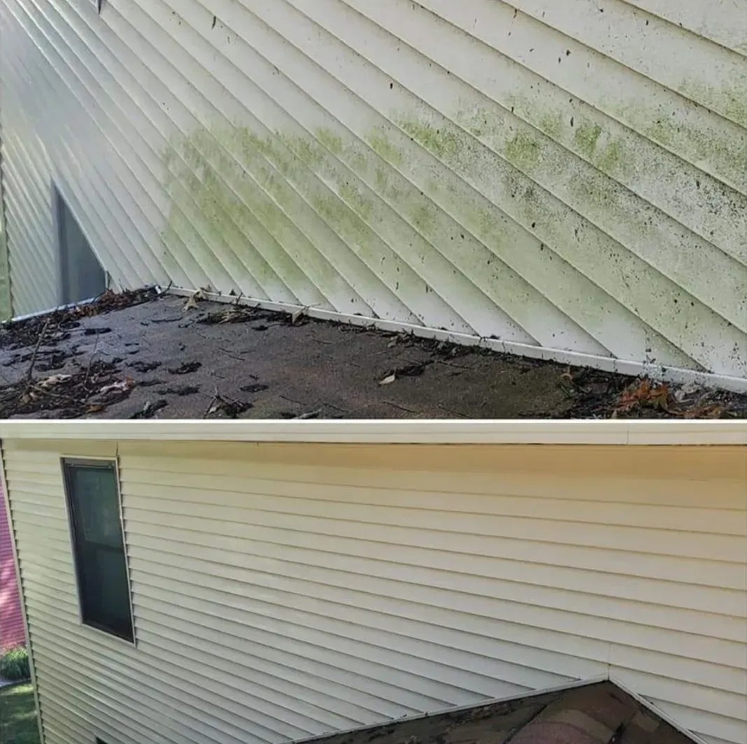 A before and after picture of a house with a roof that is covered in moss.