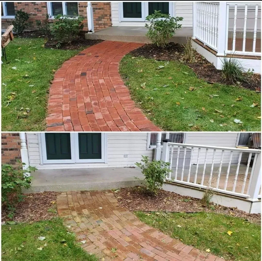 A before and after picture of a brick walkway in front of a house.