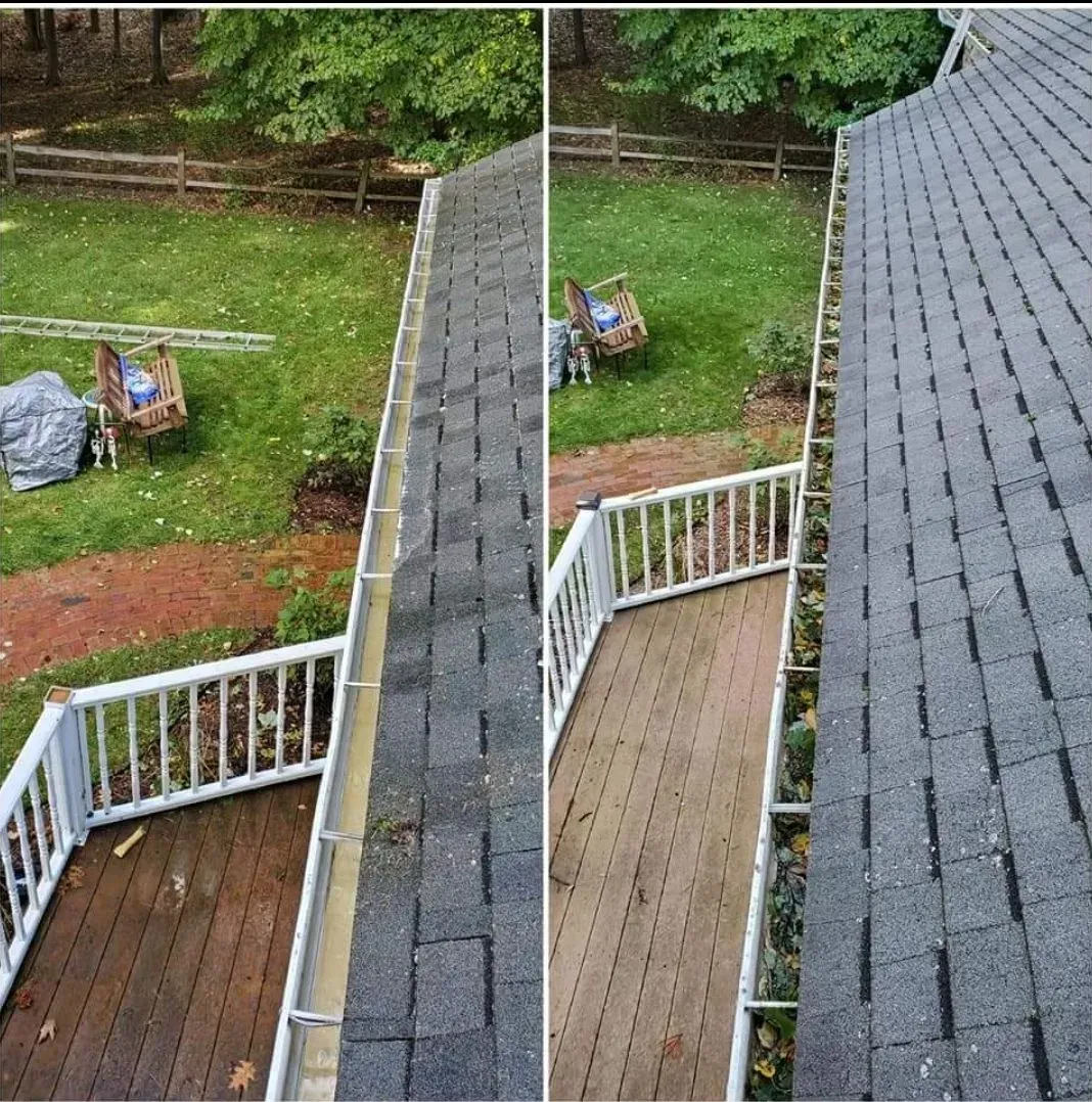 A before and after picture of a gutter on a roof.