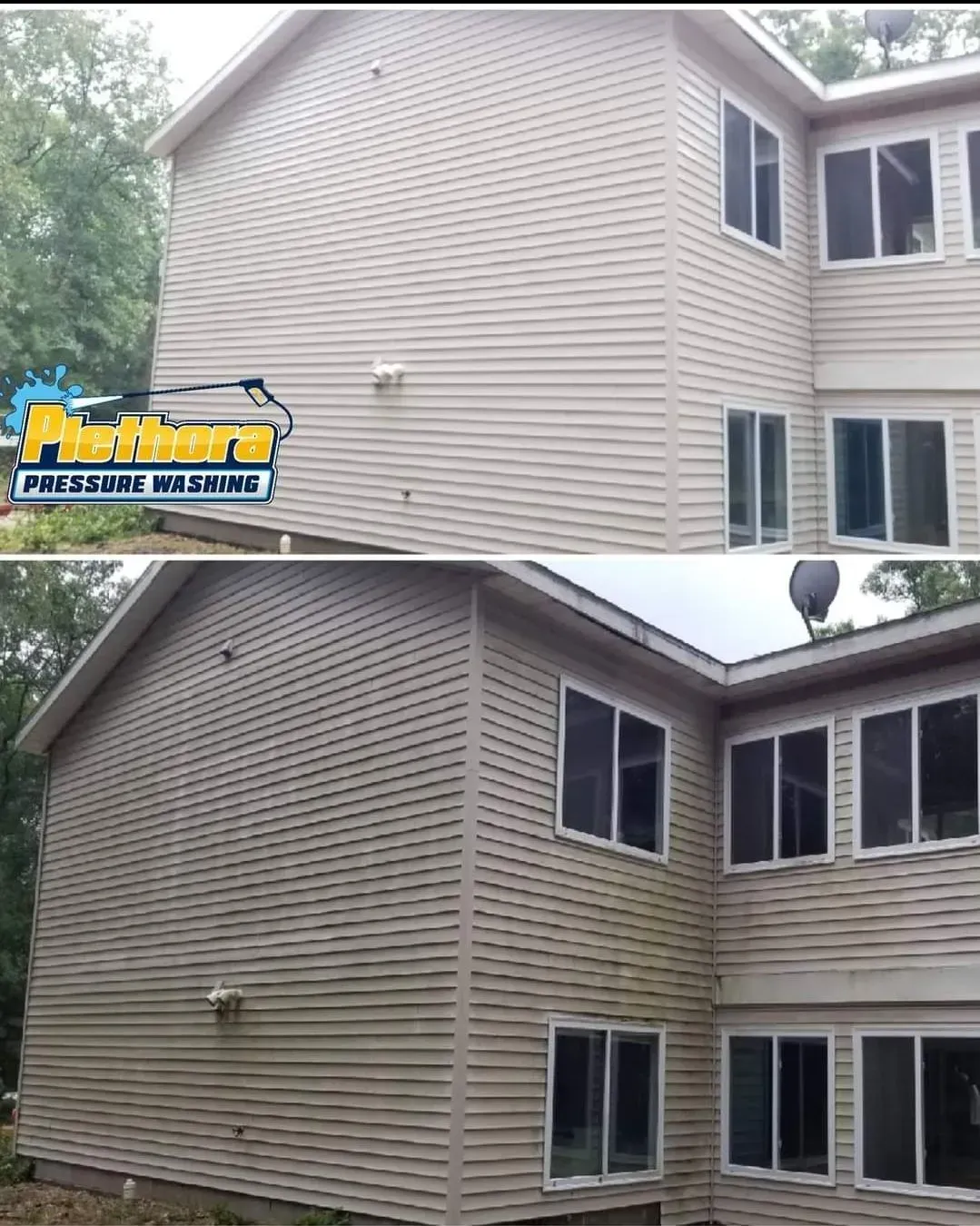 A picture of a house before and after pressure washing