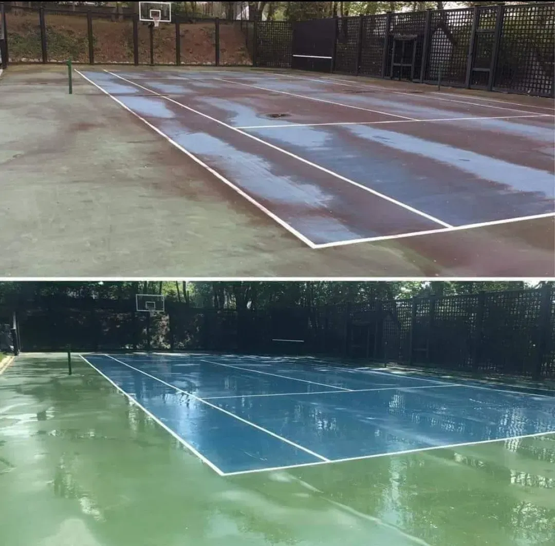 A before and after photo of a tennis court