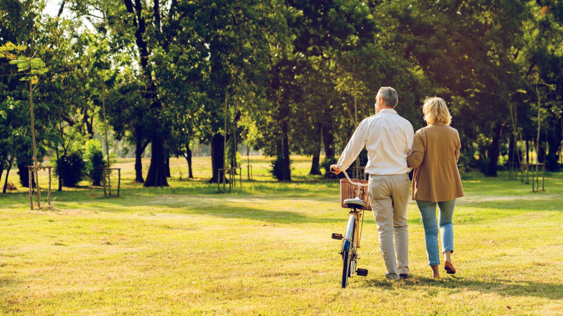 An elderly couple is walking in a park with a bicycle.