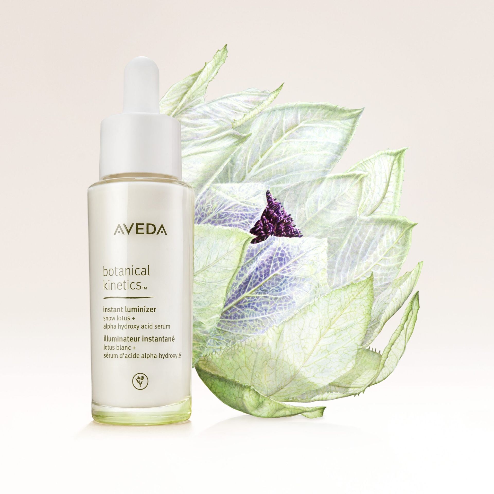 Aveda Botanical Kinetics skin serum bottle with a dropper, set against a watercolor illustration of green leaves and purple accents.