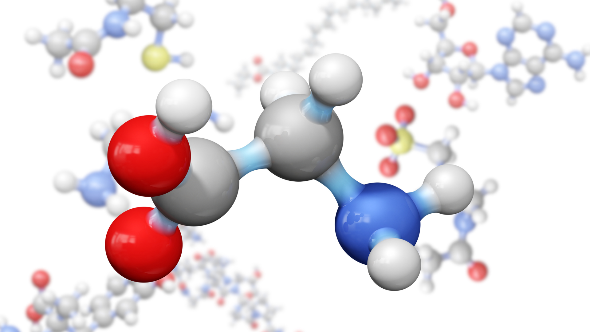 A chemical structure of a molecule with a red , white and blue sphere.