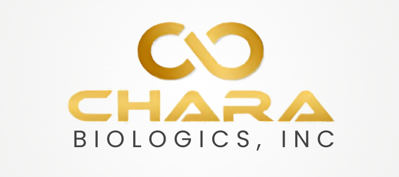 A gold logo for chara biological inc. on a white background