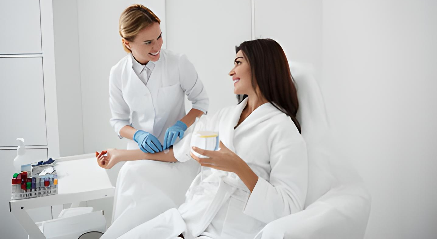 A woman is sitting in a chair getting an injection from a doctor.