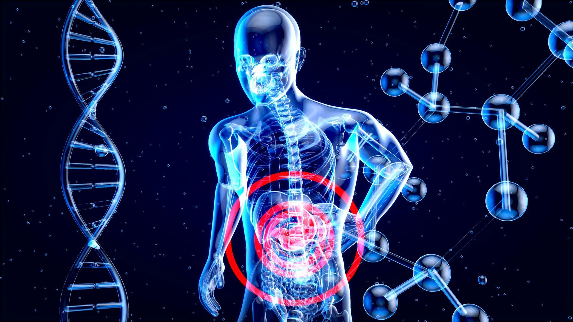 Blue X-ray of a person with glowing intestines highlighted in red, with DNA helix and molecular structures.