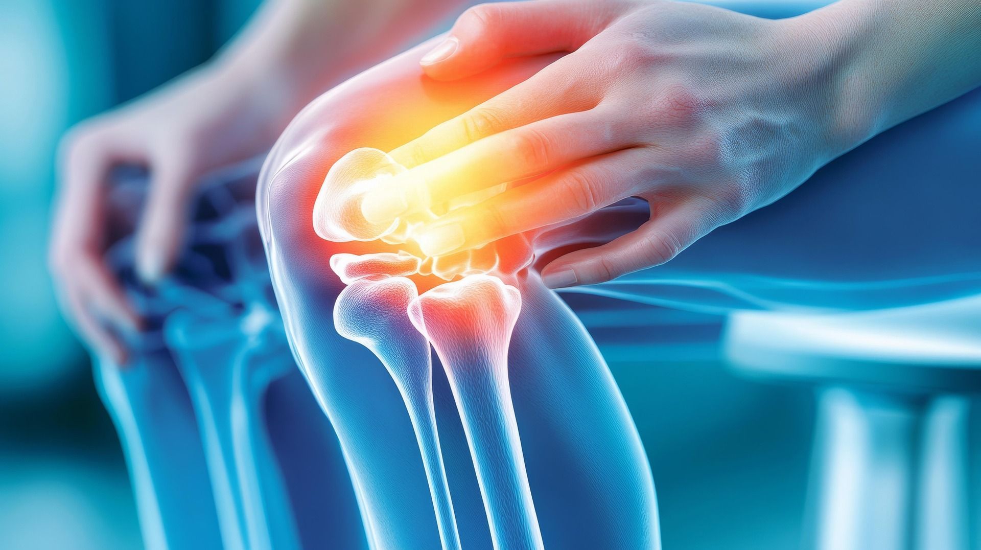 A person is holding their knee in pain.