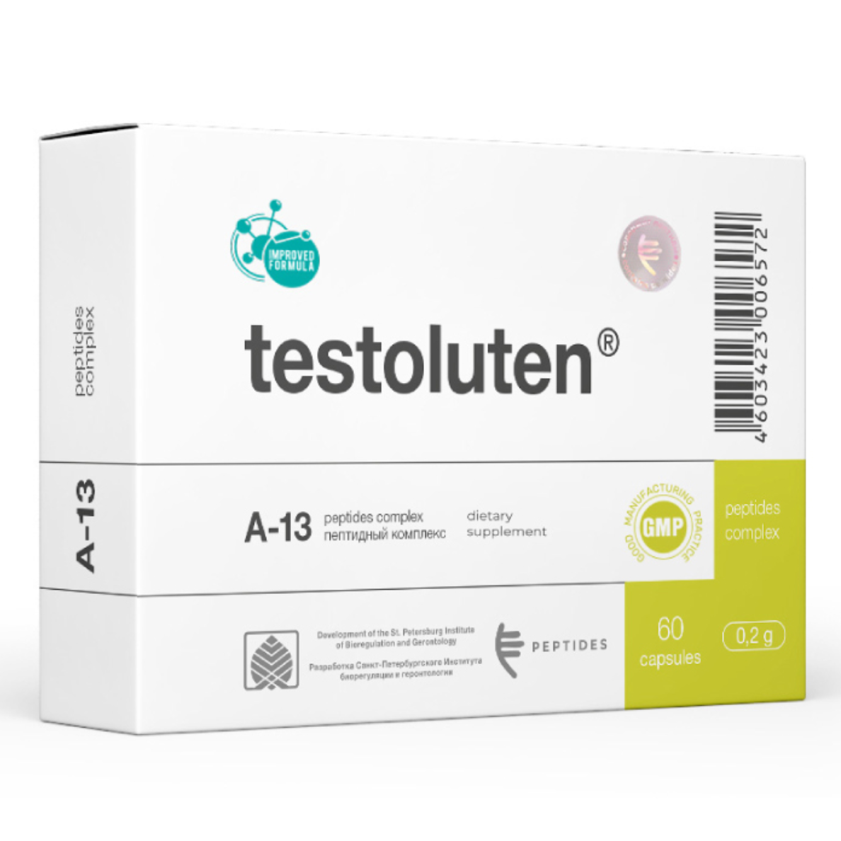 A box of testoluten a-13 capsules on a white background