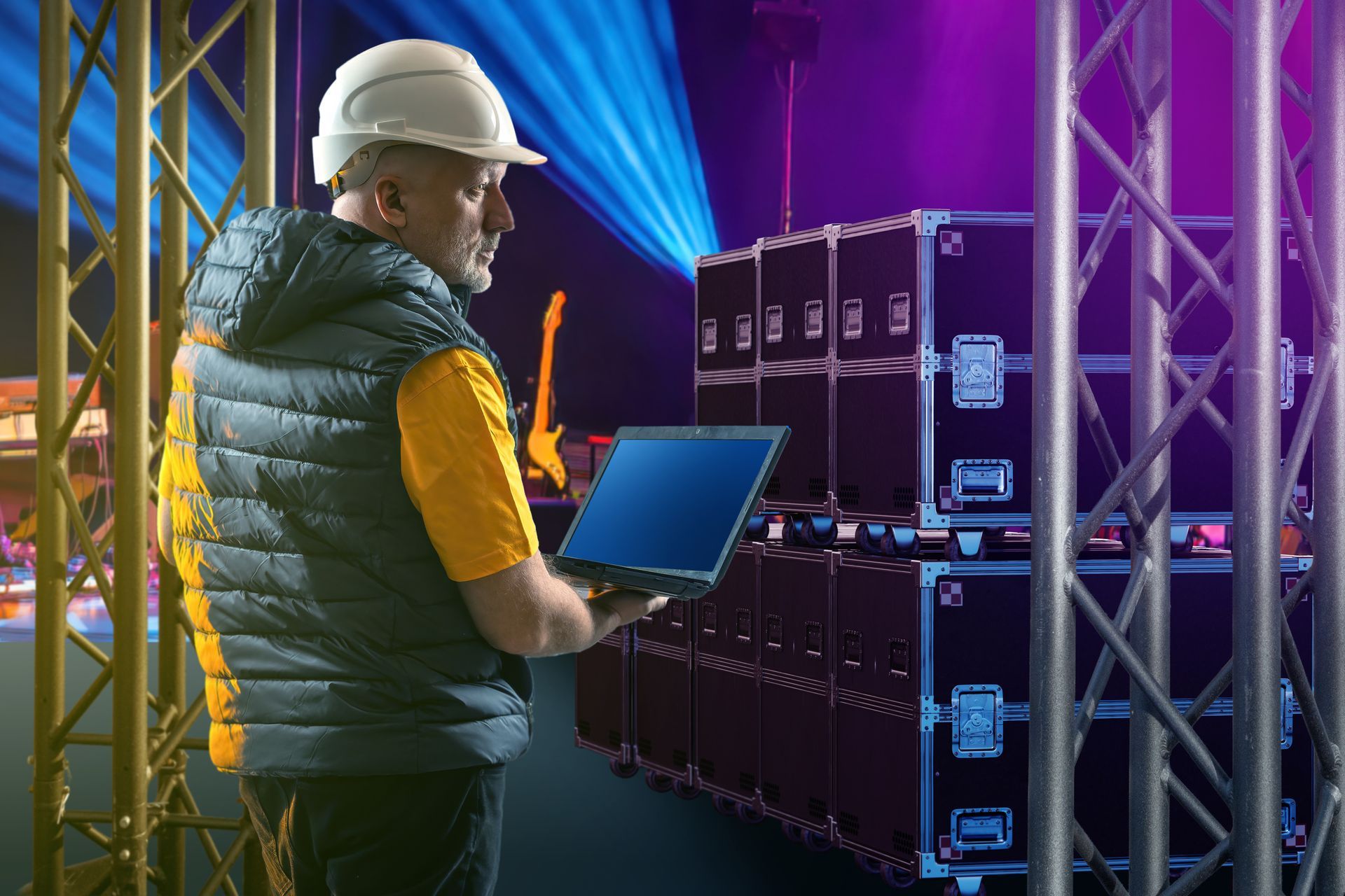 AV equipment rental setup with speakers, microphones, and projection screens.