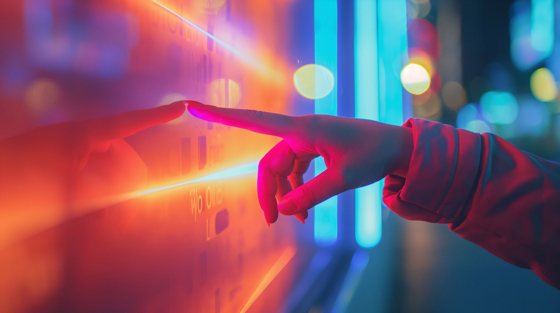 Hand touching a glowing, neon-lit interactive flat panel display in a futuristic setting.
