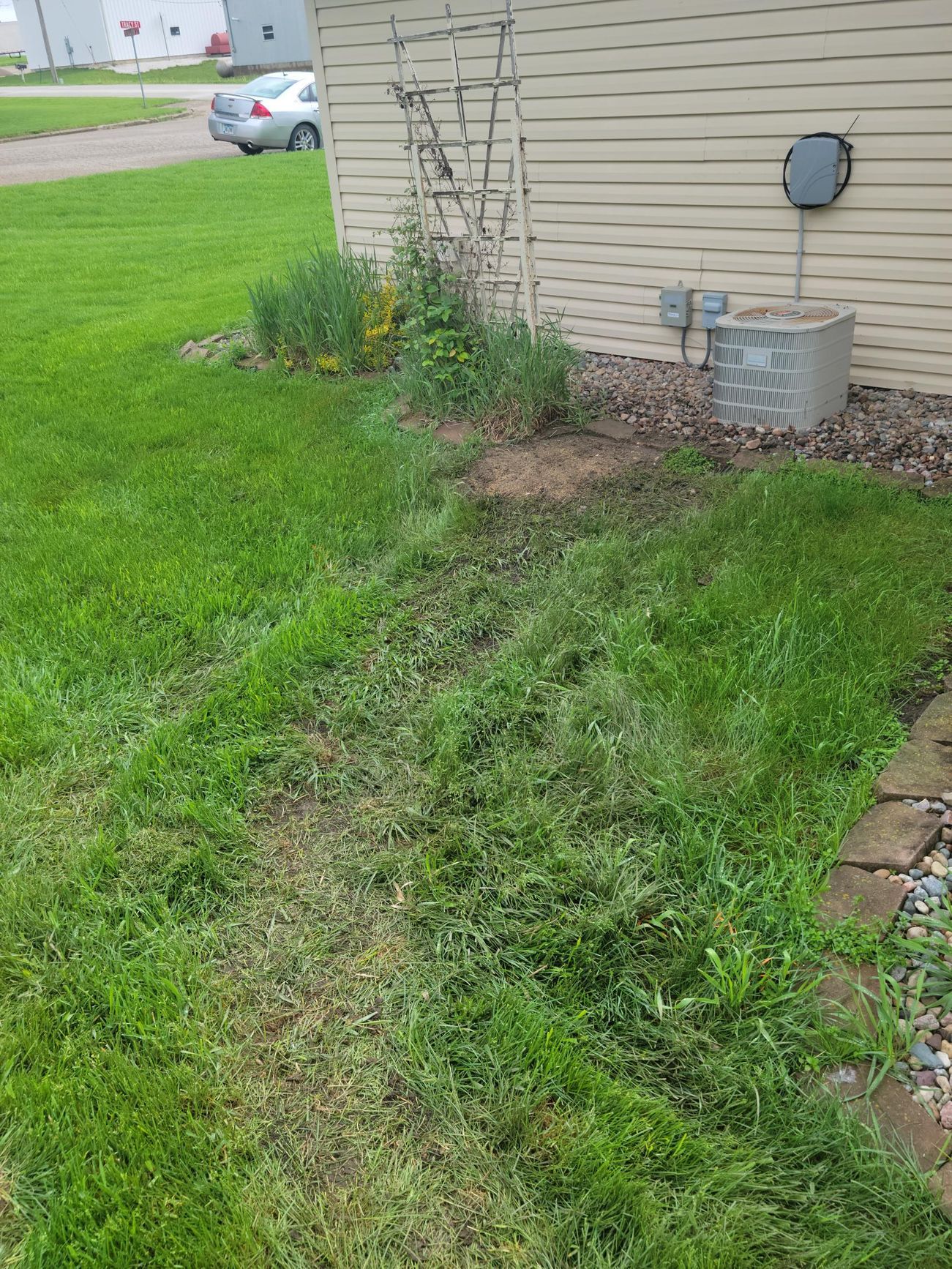Grassy yard with a worn path leading to a building's side, next to a flower bed and AC unit.