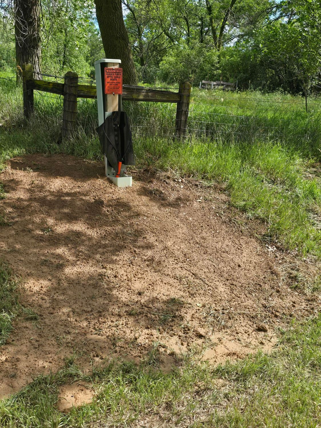 Brown dirt patch with a dog waste station in a grassy area, fence in the background.