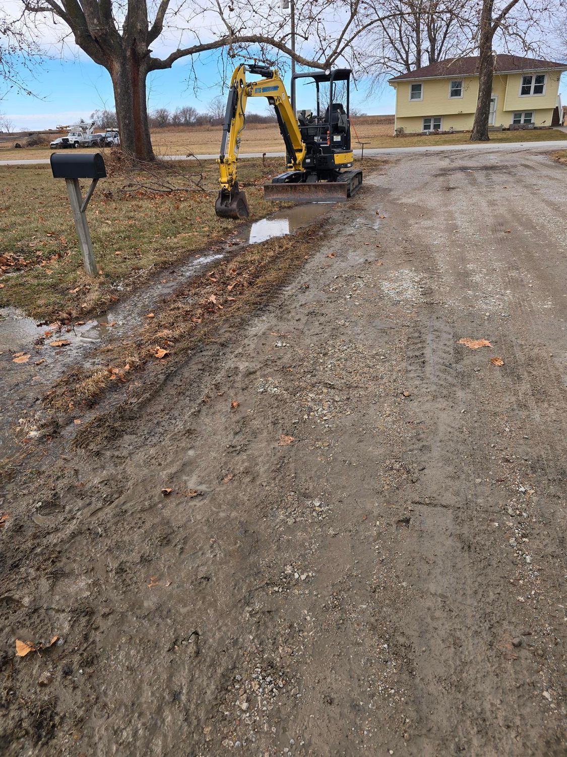 Yellow excavator on muddy driveway, near a mailbox and house, on a cloudy day.