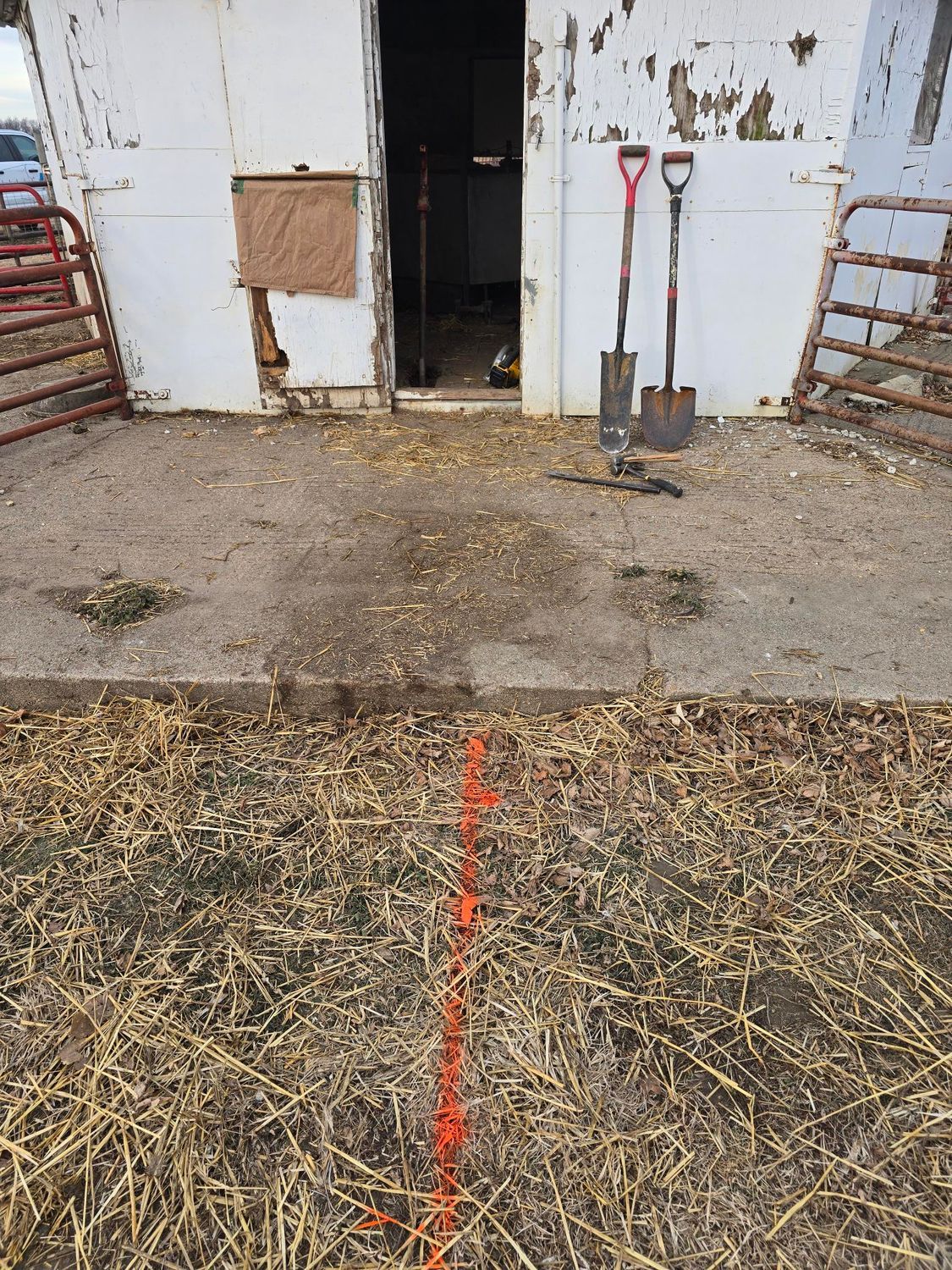 A weathered white building with open door, two shovels, and a red line marking ground.