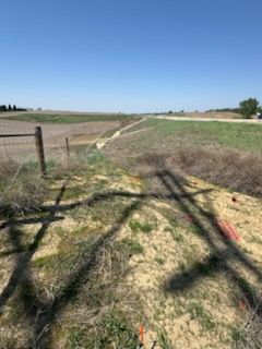 Grassy rural landscape with fence, ditch, and road under a blue sky.