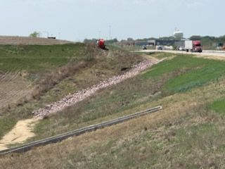 Grassy roadside ditch with rocks and a highway in the background; two semi-trucks visible.