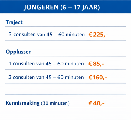 Prijslijst voor diensten voor jongeren (6-17 jaar): Traject (€225), Opplussen (€85-€160) en kennismakingsgesprek (€40).
