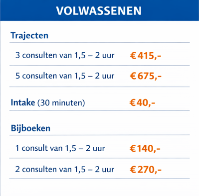 Prijslijst voor diensten aan volwassenen: pakketten van 3 tot 5 consulten, intakegesprek en aanvullende individuele consultatiemogelijkheden.