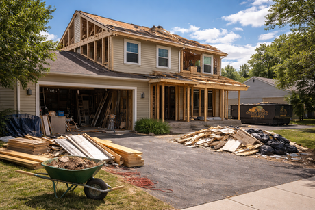Construction roll-off dumpster for demolition debris and job site cleanup