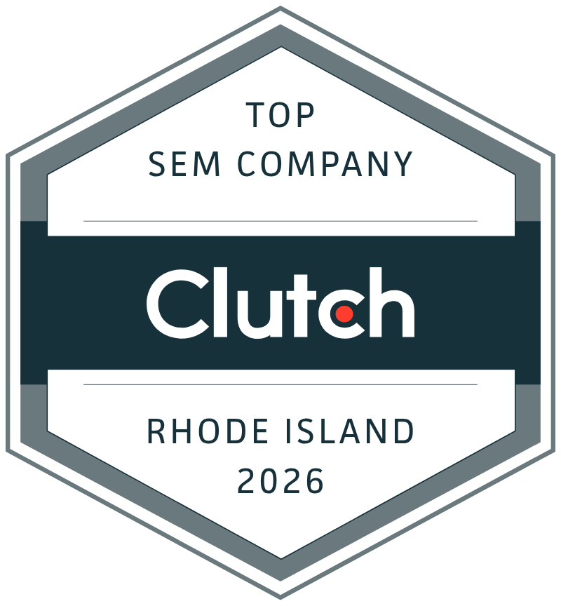 Clutch: Top SEM Company in Rhode Island, 2026. Logo features a dark blue stripe with 