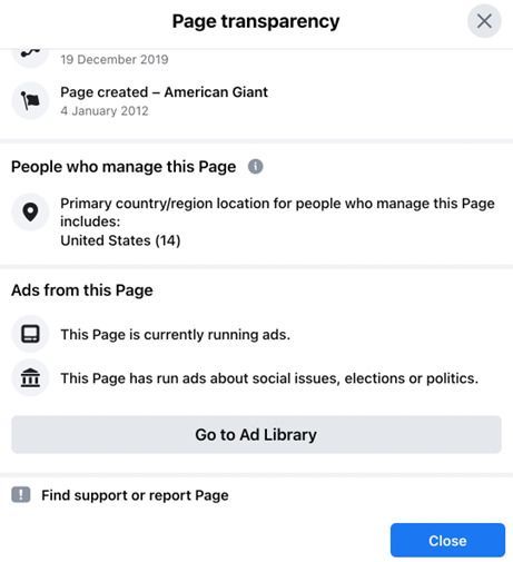Screenshot showing Facebook page transparency details: creation date, manager location (US), and ad information.