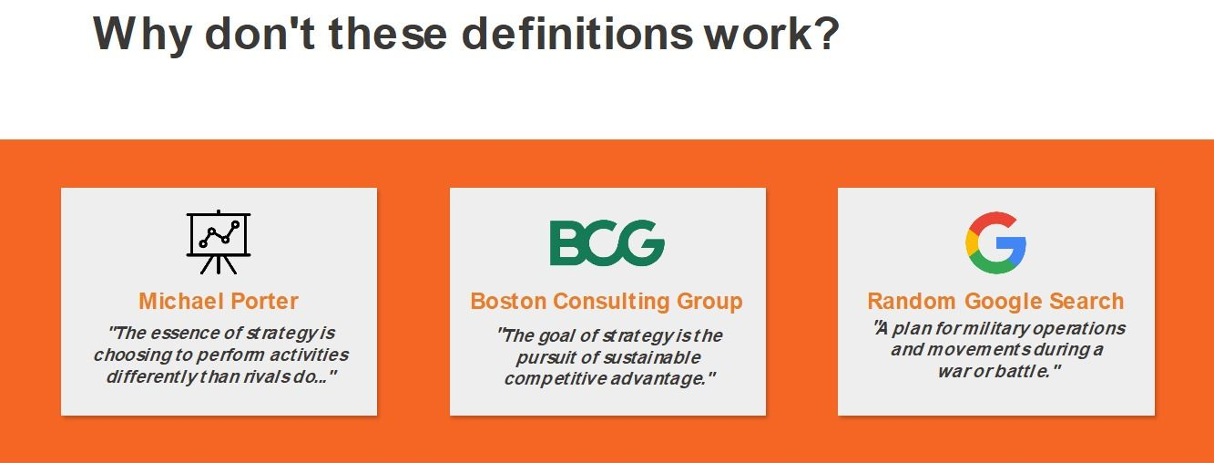 Even strategy definitions from Michael Porter and Boston Consulting Group are unable to adequately define strategy