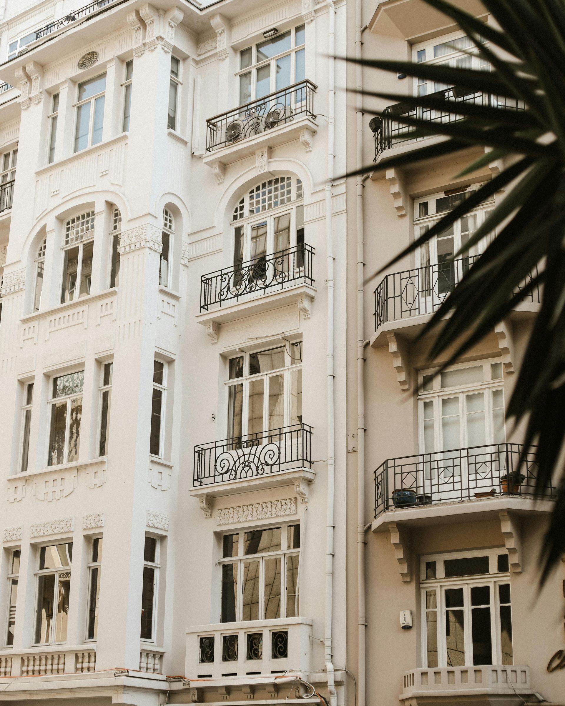 White apartment building with ornate balconies and windows, palm leaves in foreground.