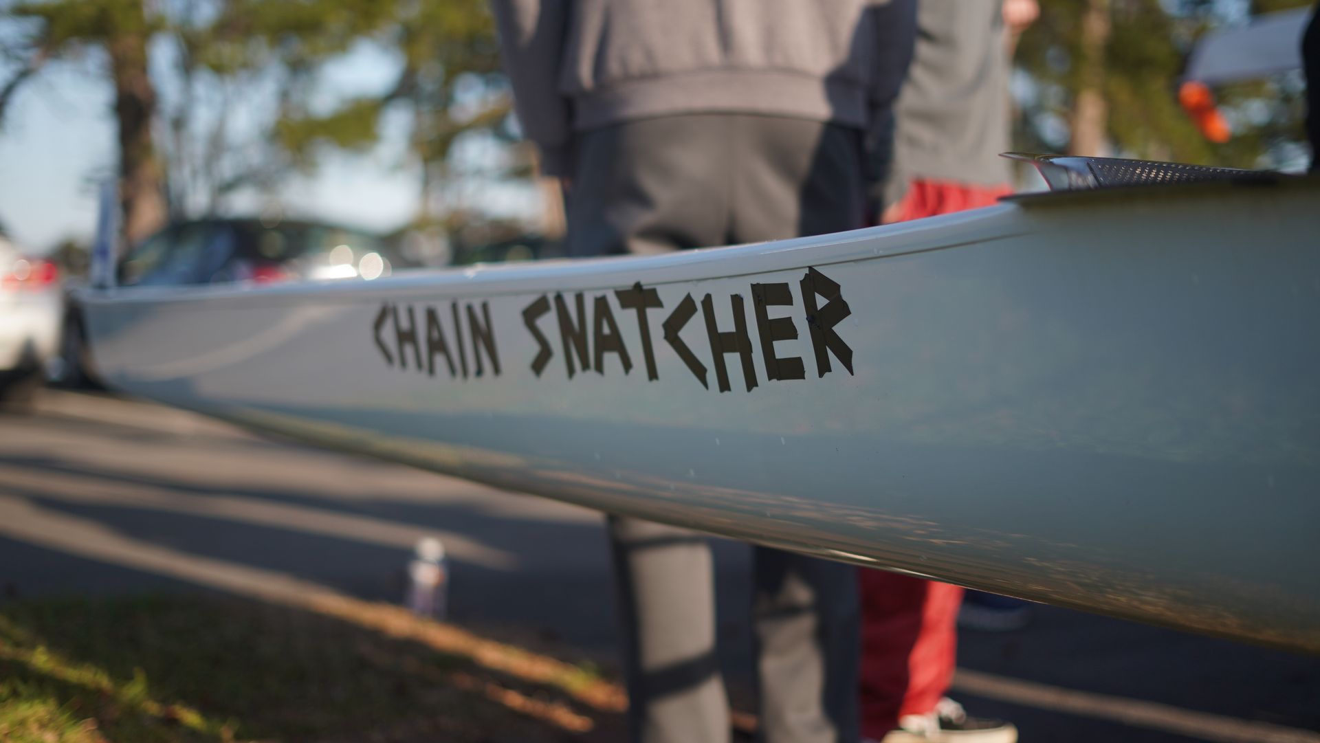 Close-up of a white rowing boat with 