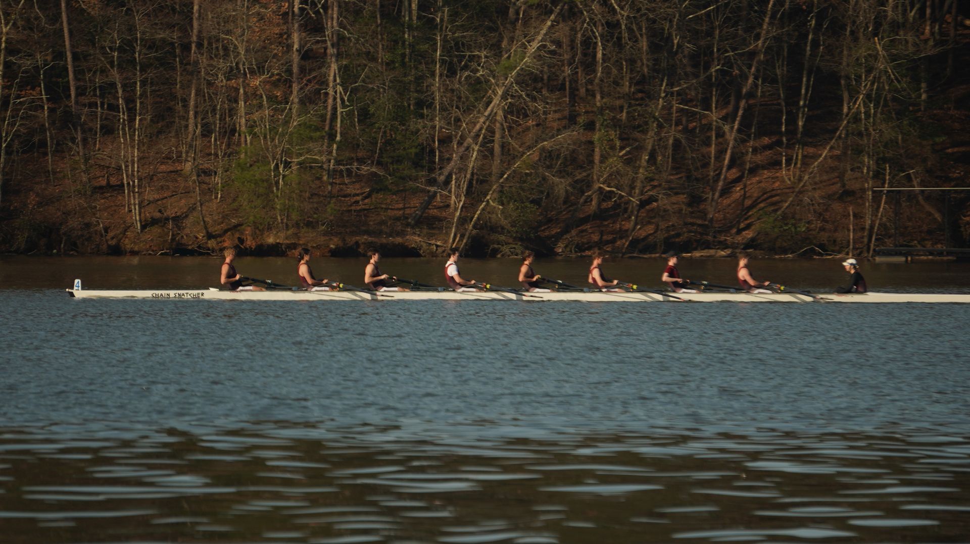 Rowing team on a long white boat on a lake, forest in the background, early morning light.