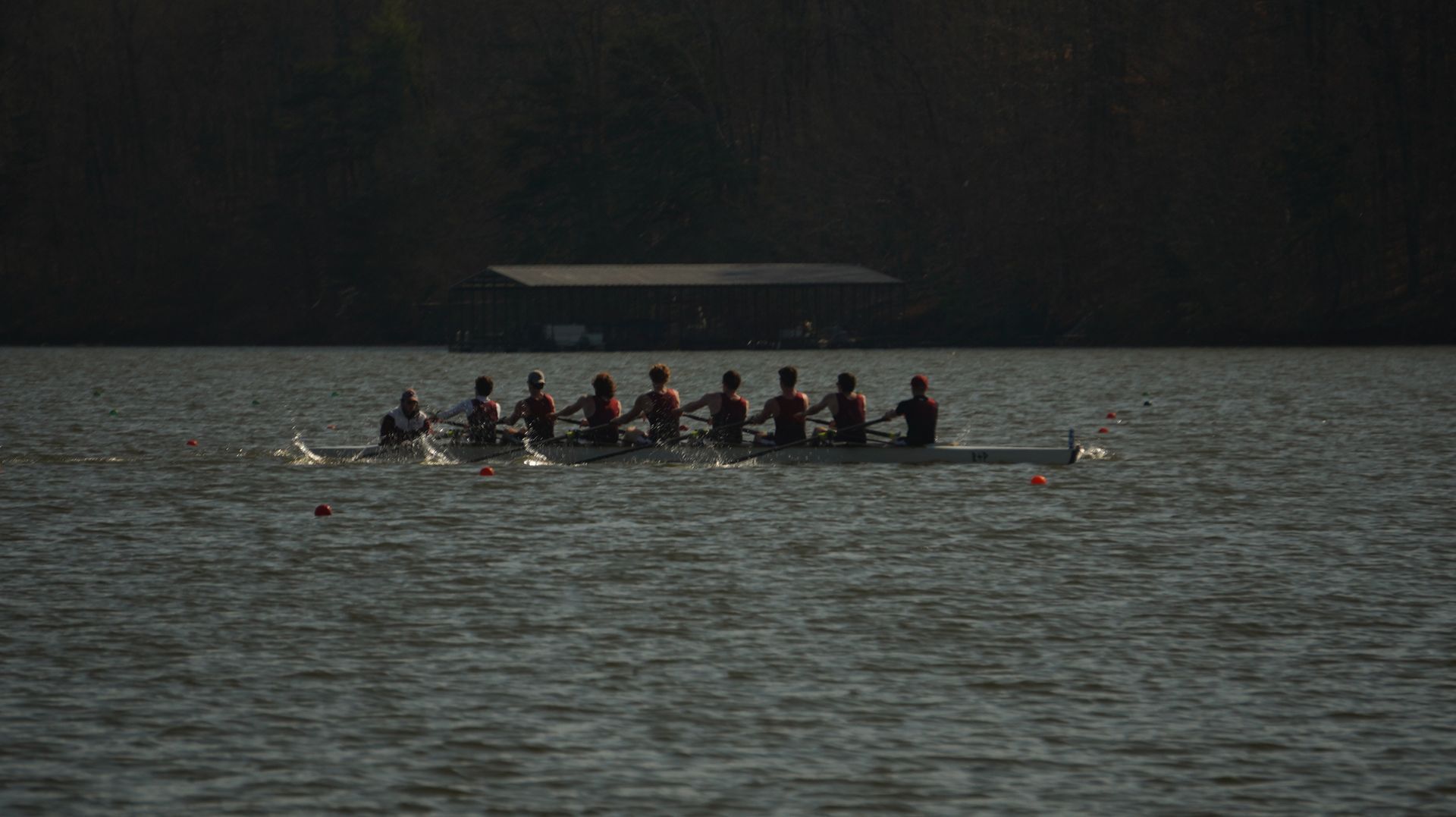 A crew team rowing on a lake with a dark shoreline in the background.