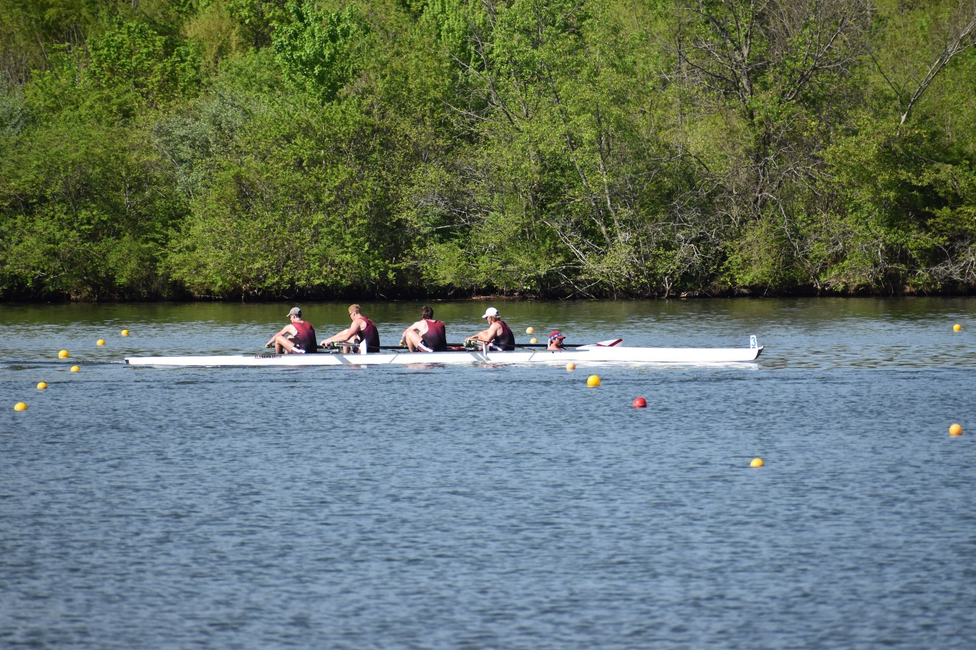Four rowers in a white boat on a lake, trees in background, yellow and red buoys.