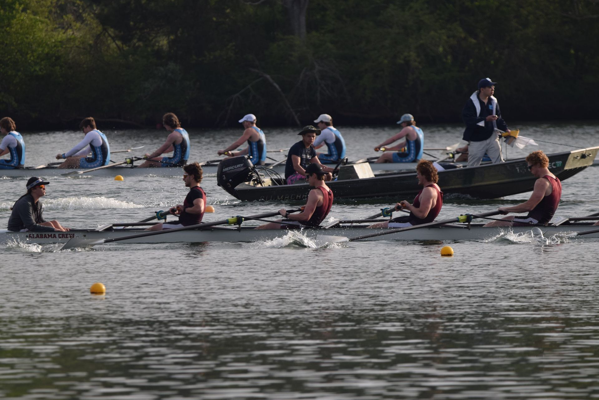 Rowing teams compete on a river. Two boats of rowers with maroon shirts, two boats of rowers with blue shirts. 