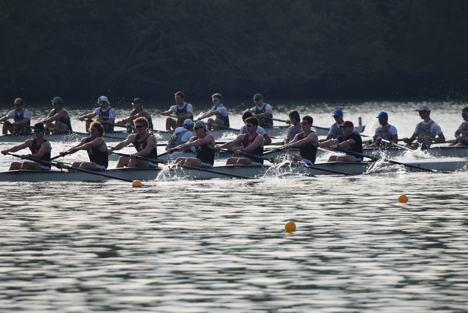 Rowing race on a river. Multiple boats with teams of rowers pulling oars through the water, competing.