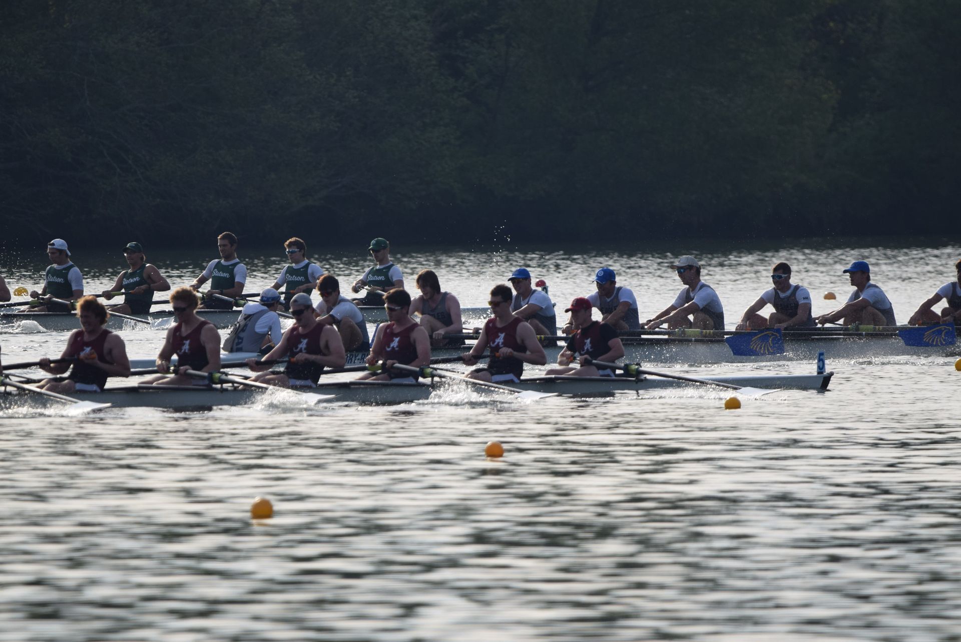Rowing teams racing on a river. Athletes in boats, wearing vests, row in sync.  The setting is sunny.