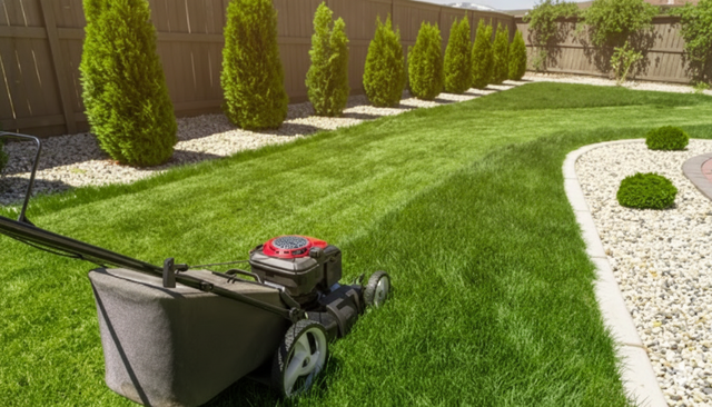 Lawn mower cutting a green lawn in a yard lined with trees and decorative stones.