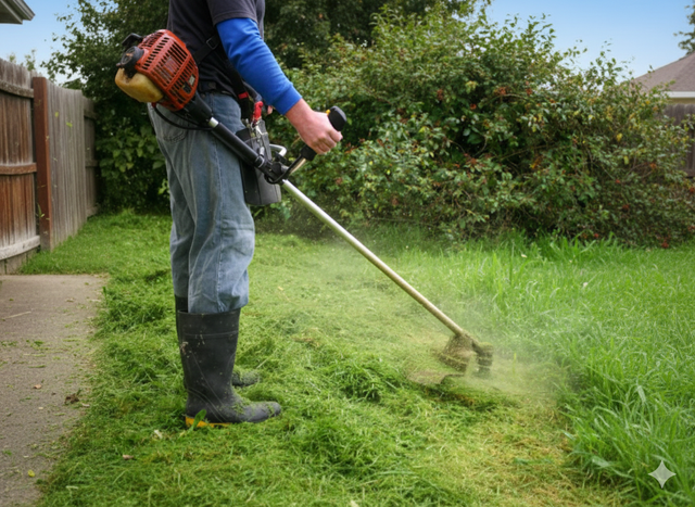 Person using a string trimmer to cut grass near a wooden fence.