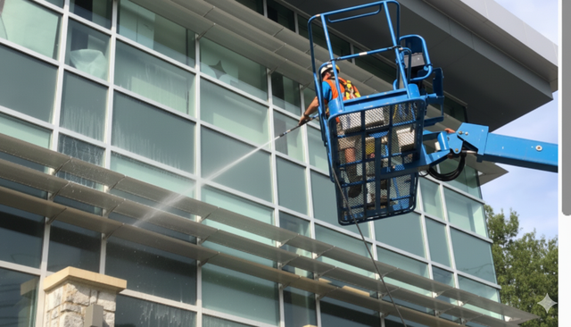 Worker on a lift washing windows of a modern building with gray and white glass.