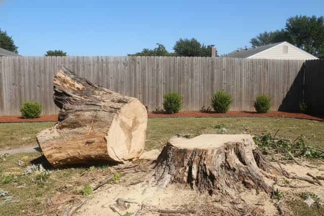 Cut tree trunk and log in a backyard with a wooden fence and shrubs.