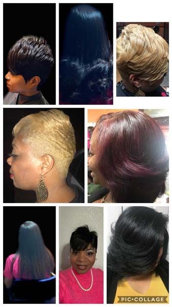 A collage of pictures of different hairstyles on a woman 's head.