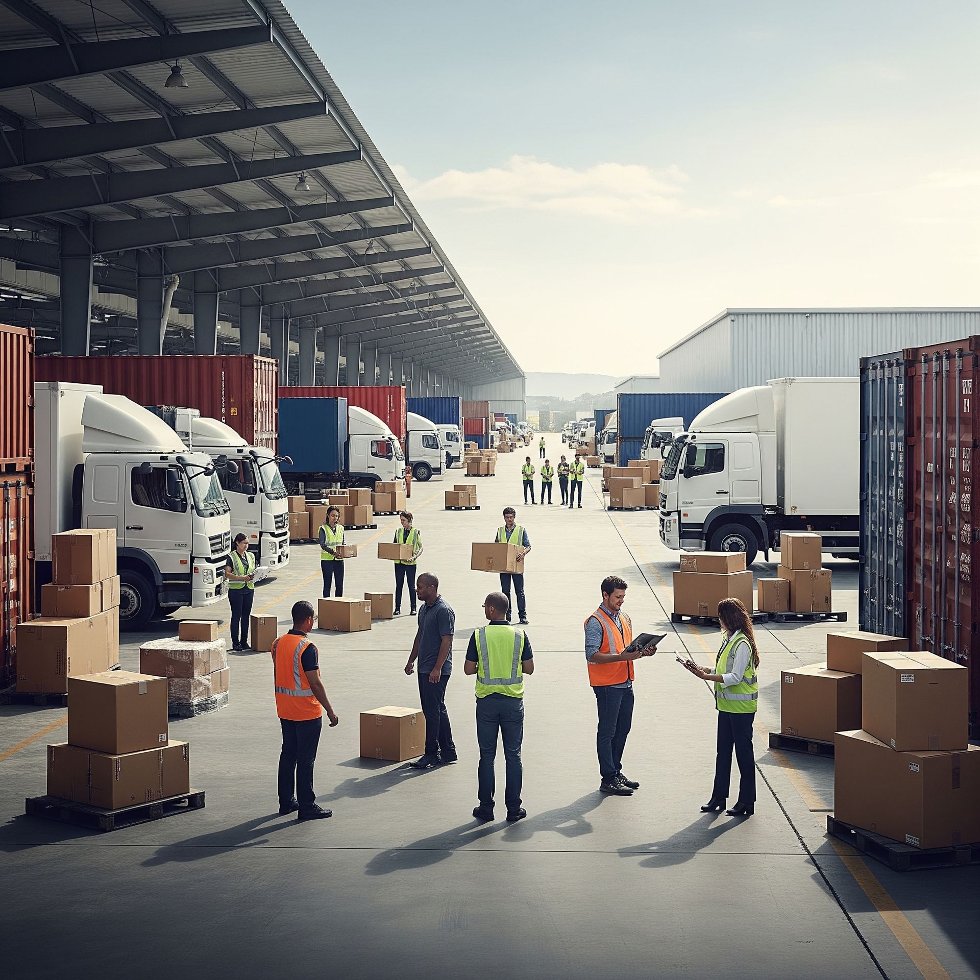 A group of people are standing in a warehouse talking to each other