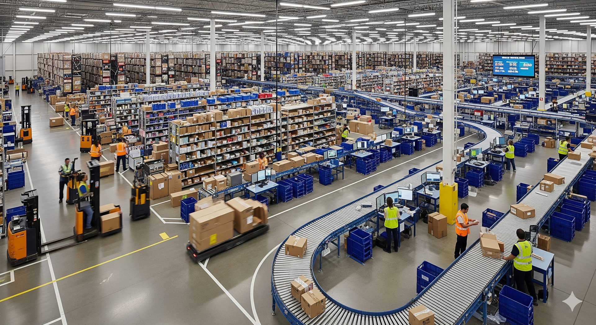 Fulfillment centers with shelves of products and workers preparing retail orders for shipping